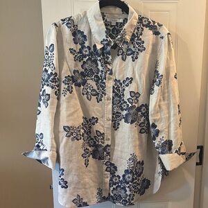 Chico's Navy and Cream Floral Linen Blouse